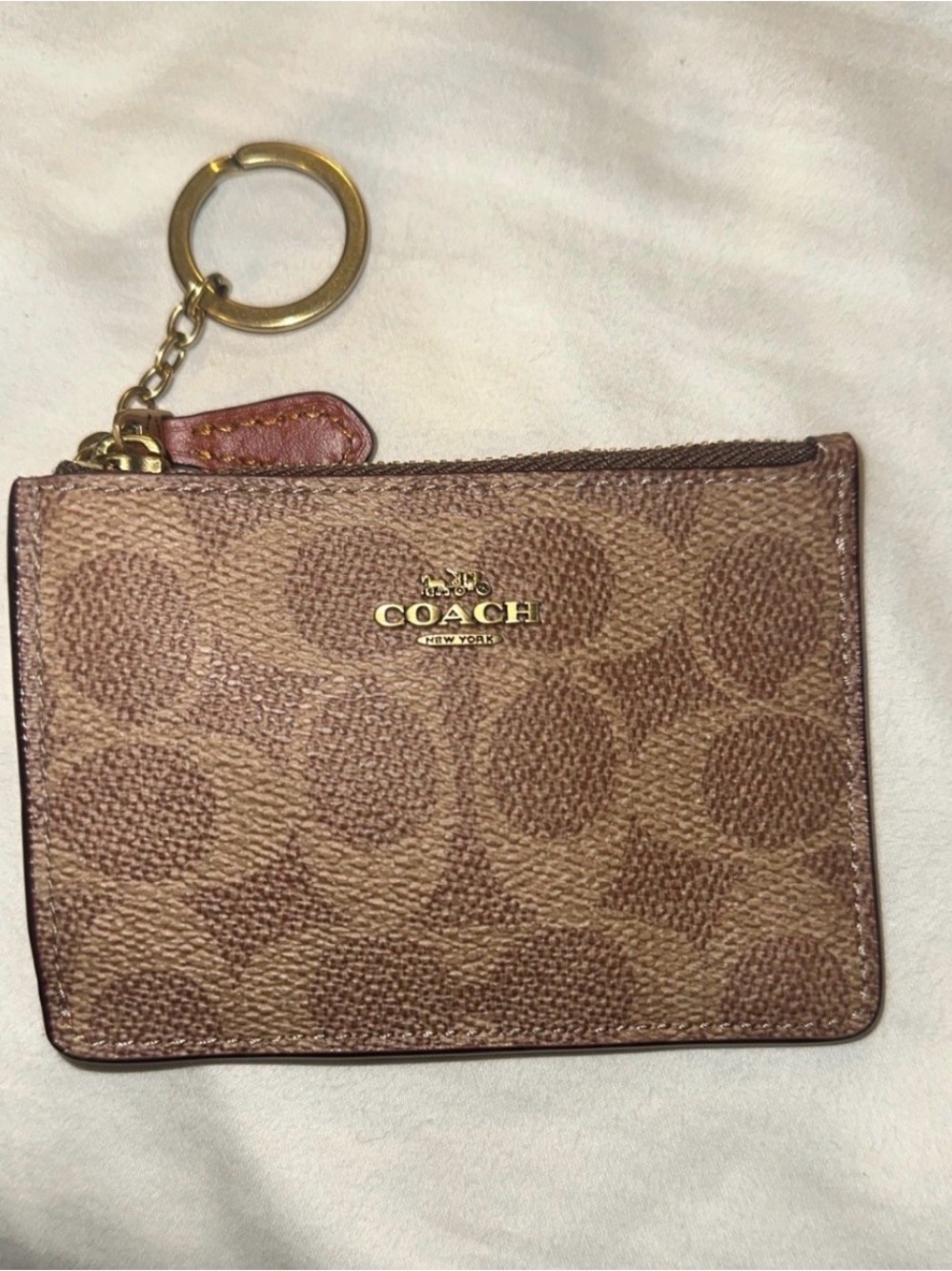 Coach Brown Signature Canvas Key Card Holder with Gold Hardware